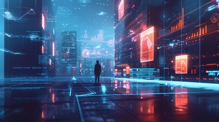 A futuristic visualization of finance and modern management concepts, where digital information flows seamlessly within a cybernetic sci-fi landscape. - obrazy, fototapety, plakaty