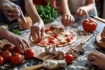 Group of people preparing pizza, perfect for food and cooking concepts