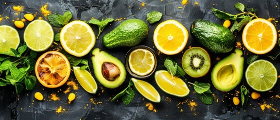   A variety of fruits and vegetables, cut in half and arranged on a black surface, with yellow splats and green leaves