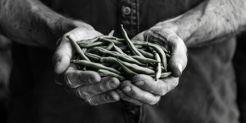 A man holding a bunch of fresh green beans, perfect for food and nutrition concepts - obrazy, fototapety, plakaty
