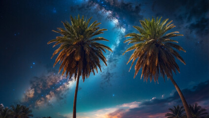 Two palm trees on background of the night sky and space - obrazy, fototapety, plakaty