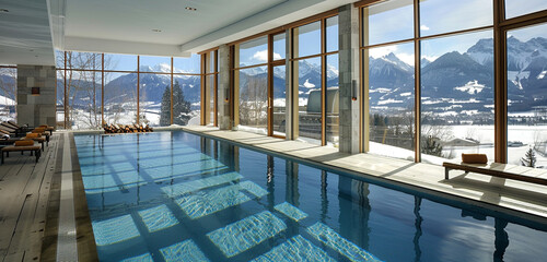  Opulent indoor pool with floor to ceiling windows that offer expansive views of distant snow-capped mountains