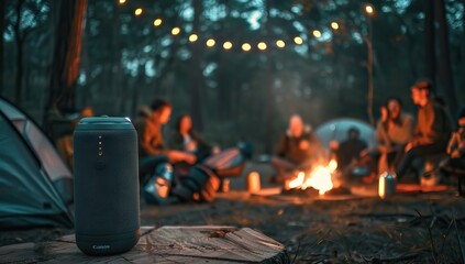 Photo of a futuristic portable electric speaker placed on an outdoor camping table surrounded by people sitting around campfires in nature at night. AI generated illustration - obrazy, fototapety, plakaty