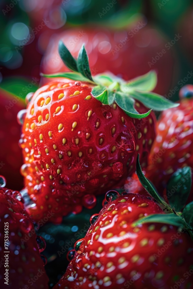 Poster a close up of a bunch of ripe strawberries. suitable for food and health-related projects