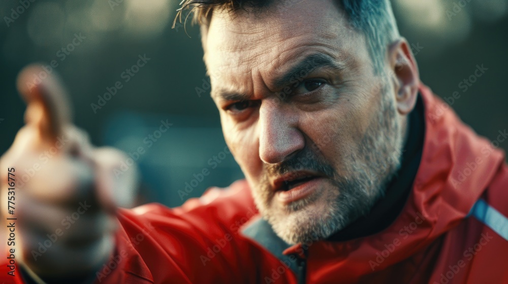 Poster A man in a red jacket pointing at something. Ideal for business presentations
