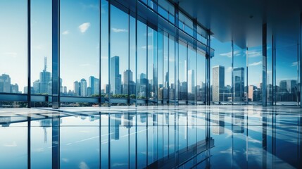 Corporate office building background with a sleek, glass facade reflecting the surrounding cityscape, standing tall against a clear blue sky - obrazy, fototapety, plakaty