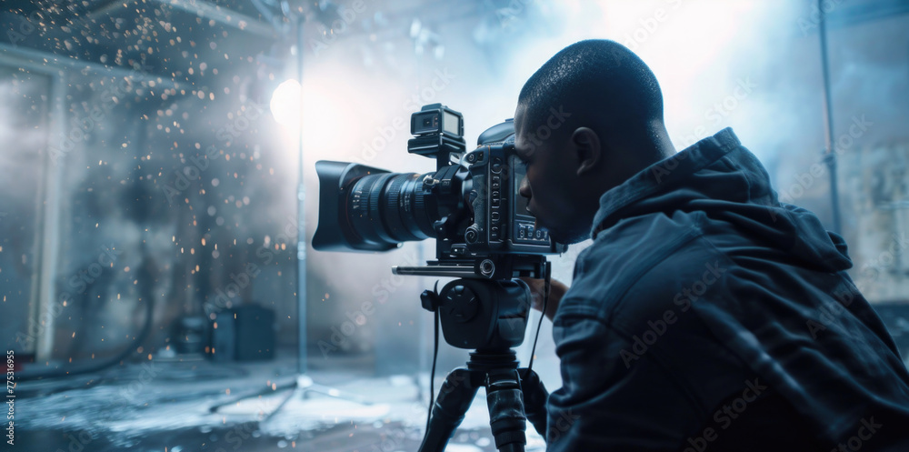 Poster a man posing in front of a camera on a tripod. ideal for photography or video concept