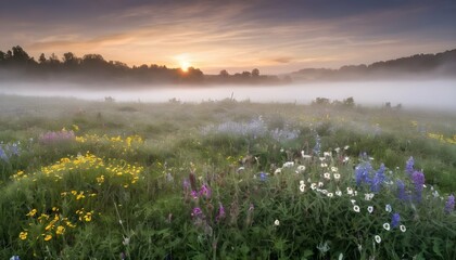 Fog Rolling In Over A Field Of Wildflowers Creati