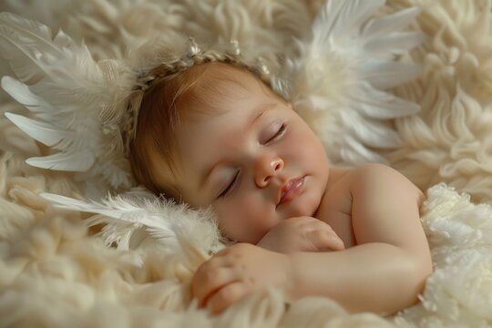 A peaceful image of a baby sleeping on a fluffy white blanket. Suitable for baby products promotion