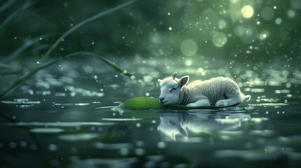 A lamb lies peacefully on a floating leaf in the middle of a serene body of water, enveloped by the...