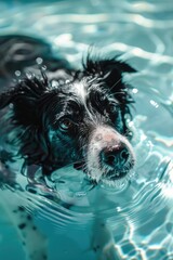 A black and white dog enjoying a swim in a pool. Suitable for pet care or summer leisure concepts