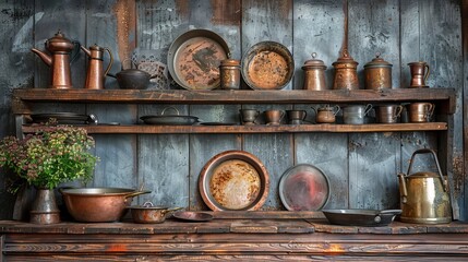 Vintage cookware still life in rustic kitchen  warm tones and detailed photography