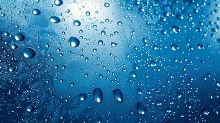Close-up of sparkling raindrops on glass with blue hues. Texture background with water droplets. Serene and clean design element. Perfect for illustrative content. AI