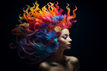 Naklejka premium Beautiful girl with vibrant sea corals adorning her hair, surrounded by an ocean of vibrant coral colors against a dark background. Ai generated