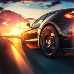 A black sports car driving on a highway at sunset. Suitable for automotive and travel concepts