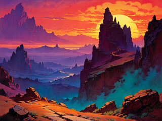 Illustrated Canyon Landscape Brightly Colored Red Blue Purple Large Sun