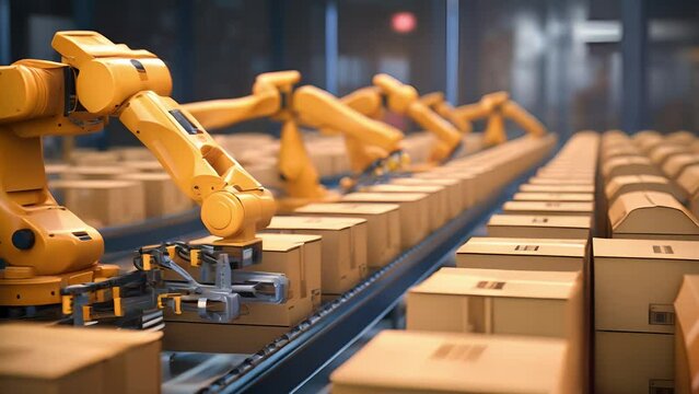 Arm of automobile production line. Large production line with industrial robot arms at modern factory. Automated Manufacturing Facility	
