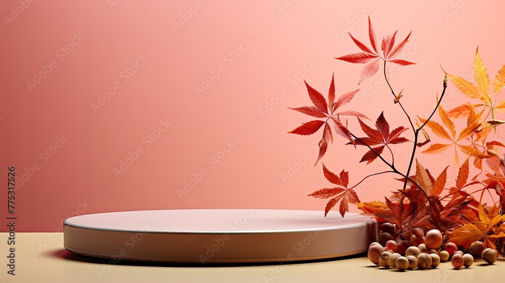 Poster podium product showcase adorned with autumn leaves against a blank background, warm sunlight casting