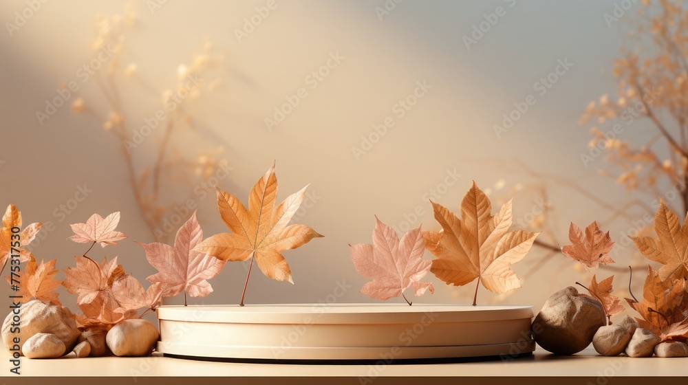 Poster podium product showcase adorned with autumn leaves against a blank background, warm sunlight casting