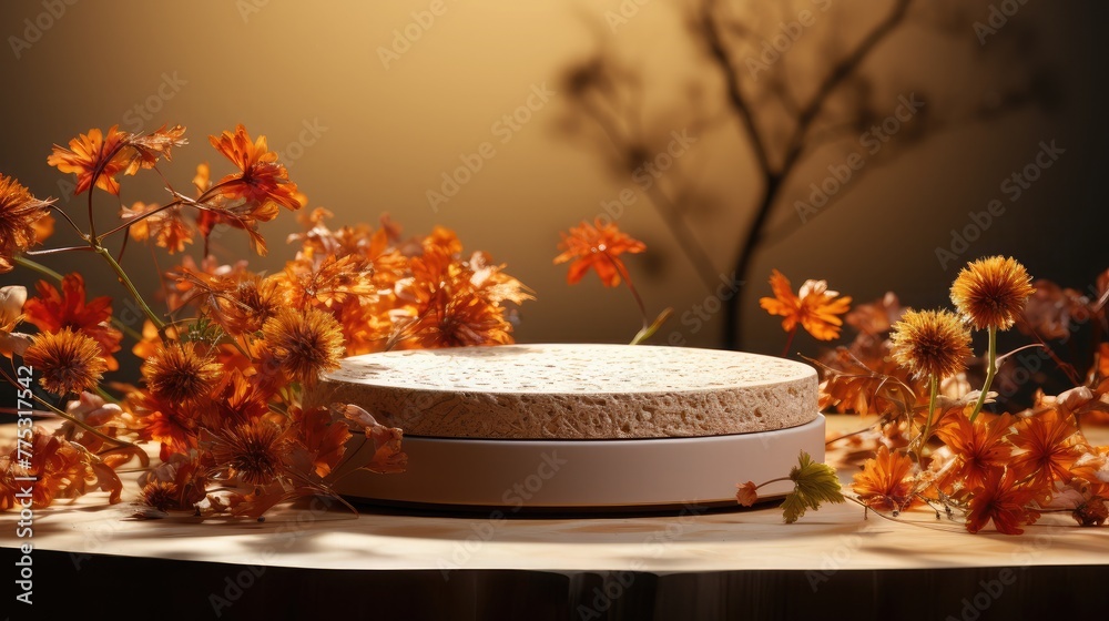 Poster podium product showcase adorned with autumn leaves against a blank background, warm sunlight casting