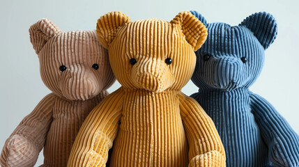 Three corduroy teddy bears - obrazy, fototapety, plakaty