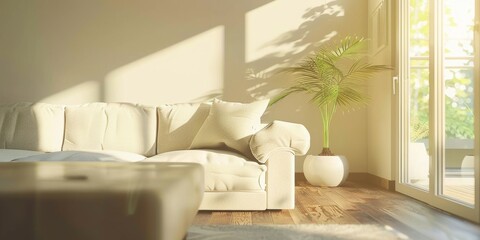 A cozy living room with a comfortable couch and a vibrant potted plant. Ideal for home decor or interior design concepts