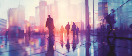 Obraz premium Minimalist Business Banner with Double Exposure, Blurred Business People and City Skylines. Blue and Purple Color theme. Ai generated