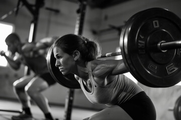 Woman lifting weights in gym with determination