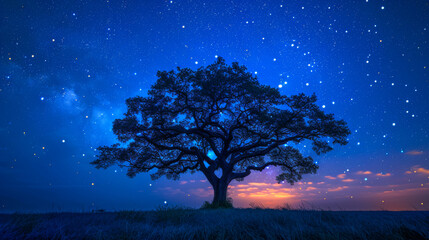 Lone tree under a celestial night sky