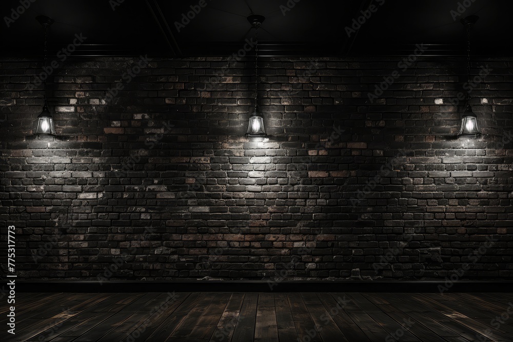 Poster black brick wall background with subtle reflections, bathed in moody, low-key lighting, emphasizing 