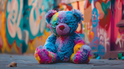 Multi-colored teddy bear on a studio grafitti background