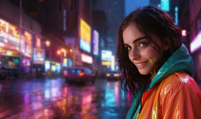 Dark Haired Woman in Rain Coat Smiling on Dark City Street with Neon Lights