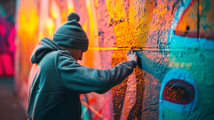 Obraz premium Young Kid in Hoodie and Hat Creates Vibrant Graffiti Magic on City Wall. Ai generated