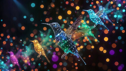 Digital Humming Birds Grid Mesh Bodies Flying Multi-Colored Bokeh Orbs Black Background