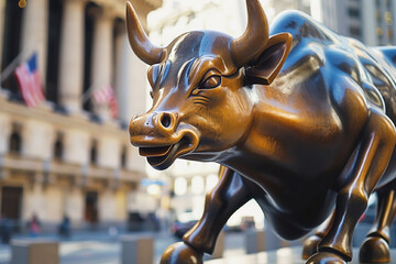Close-up of a bronze statue of a bull with American flags on the stock exchange building in the background. Symbol of financial prosperity. Generated AI