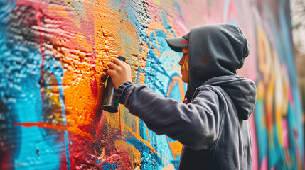 Naklejka premium Young Kid in Hoodie and Hat Creates Vibrant Graffiti Magic on City Wall. Ai generated