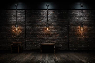 Fotobehang Black brick wall background with subtle reflections, bathed in moody, low-key lighting, emphasizing the depth and richness of the dark bricks © SaroStock