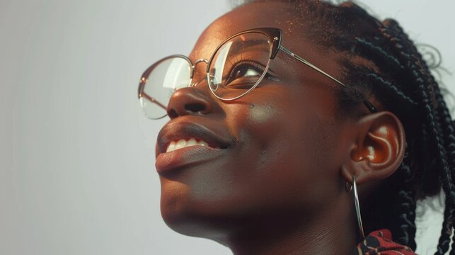 A woman wearing glasses looking up at the sky. Suitable for various concepts and designs