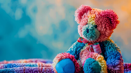 Multi-colored teddy bear on a studio background - obrazy, fototapety, plakaty