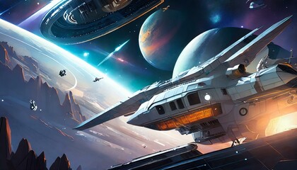 a background wallpaper that explores the wonders of space and technology, featuring futuristic spacecraft, space stations, and celestial landscapes