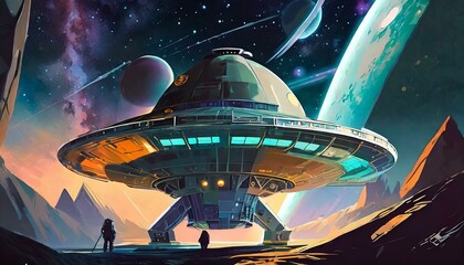 a background wallpaper that explores the wonders of space and technology, featuring futuristic spacecraft, space stations, and celestial landscapes - obrazy, fototapety, plakaty