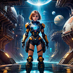 Science Fiction Teen Girl in Heavy Space Suit on Street on Sci-Fi City
