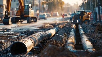 A large pipe on the side of a road, suitable for industrial concepts - obrazy, fototapety, plakaty