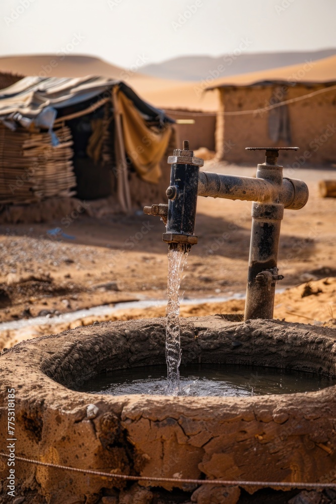 Poster a well with water in the desert, suitable for various concepts and designs