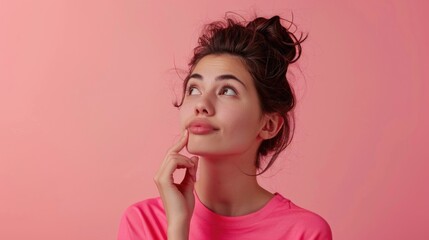 A woman in a pink shirt looking up. Suitable for various concepts and designs