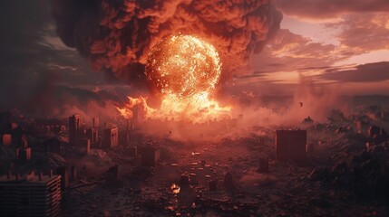 A massive explosion in the sky above a city, suitable for disaster or war themed projects - obrazy, fototapety, plakaty