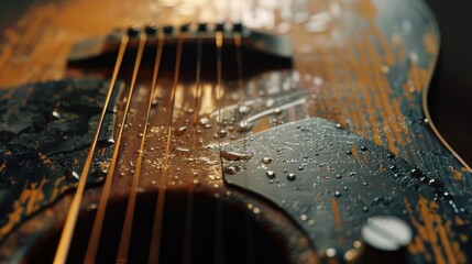 Close up of a guitar with water, suitable for music and instrument themes