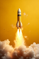 A powerful visual as a rocket ascends, leaving a trail of smoke against a vibrant yellow backdrop, symbolizing the dynamic energy of liftoff. Ai generated