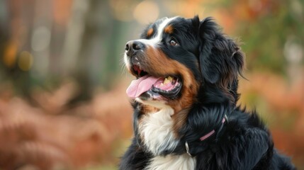 Close-up portrait of a Bernese Mountain Dog with distinct black, brown, and white fur looking sideways - obrazy, fototapety, plakaty