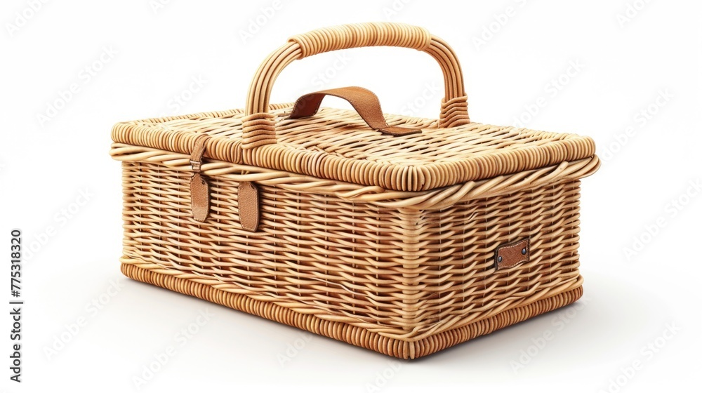 Poster A simple wicker basket with a handle on a clean white background. Perfect for showcasing products or for use in crafts projects